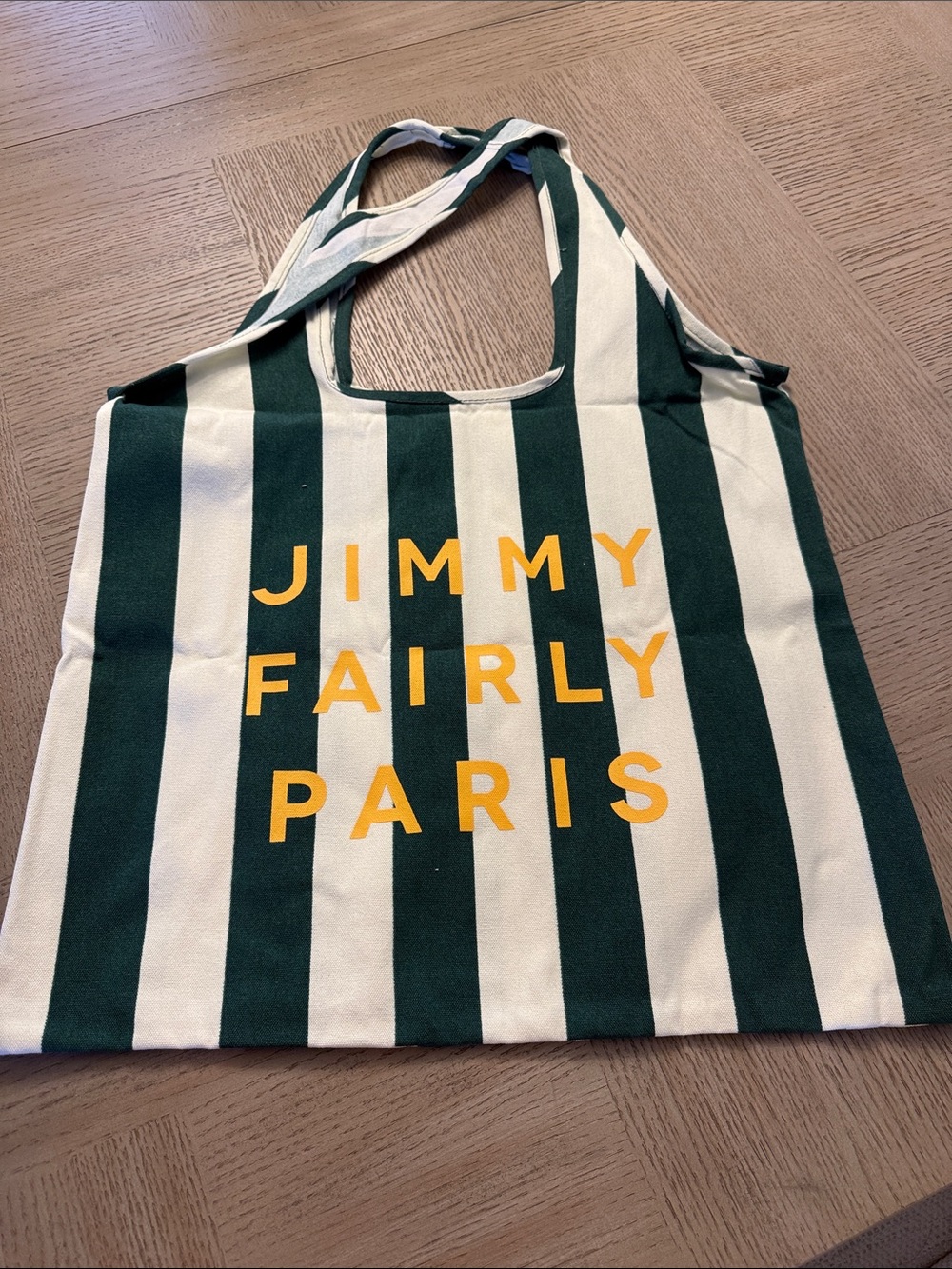 Jimmy Fairly Paris Green & White Stripe Tote with Yellow Logo